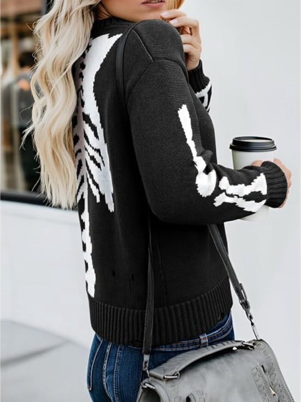 Skeleton Sweater 2XL Black/White Bones Distressed Oversized Pullover Chunky Knit